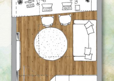 Plan d'aménagement sur-mesure d'un espace multifonctionnel pour bureau, chambre d'amis, et dortoir pour chiens, projet La Parisienne, conçu par Kemara, architecture d'intérieur holistique.