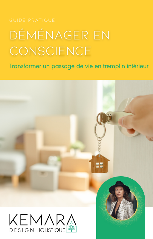 Couverture du guide "Déménager en conscience" de KEMARA Design Holistique, architecture d'intérieur à Vevey, Suisse romande.