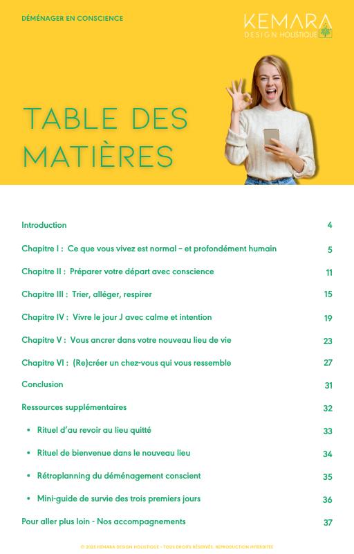 Table des matières du guide "Déménager en conscience" par KEMARA Design Holistique.