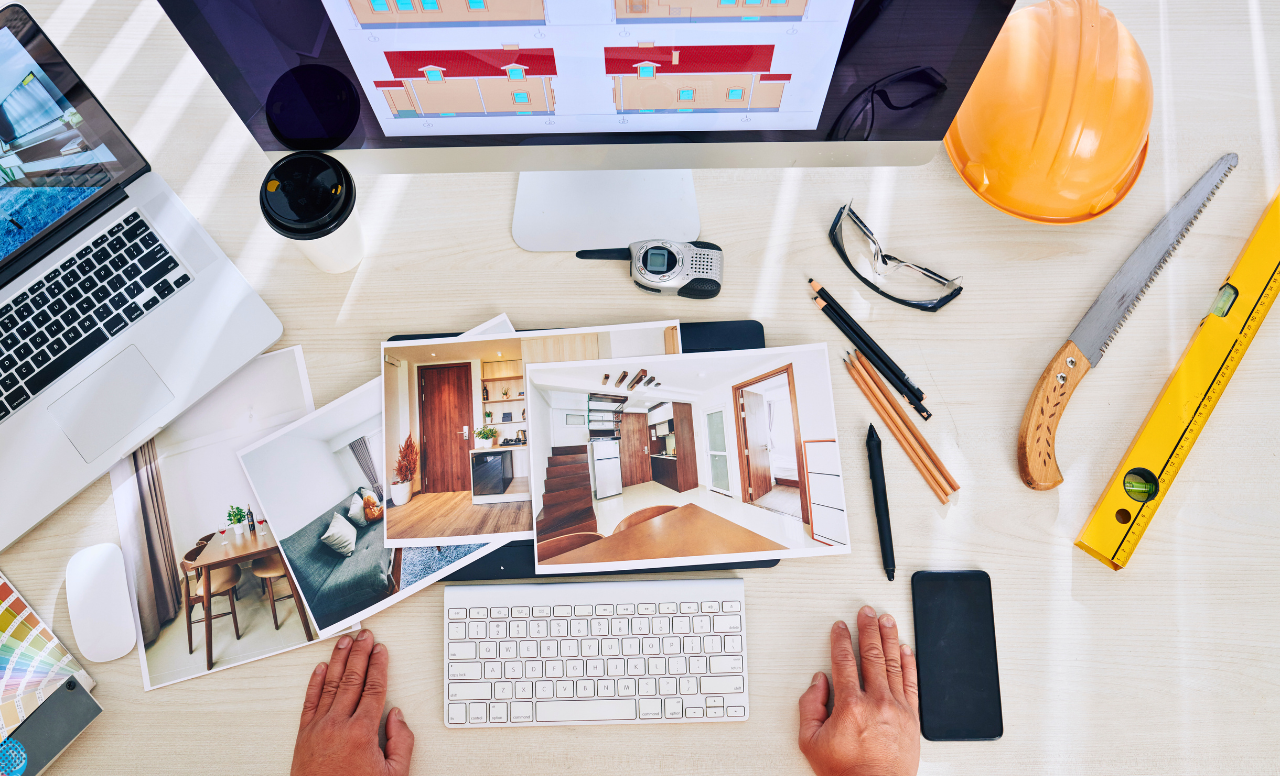 Vue de dessus d’un bureau d’architecte avec plans, visuels 3D, casque de chantier et outils techniques.