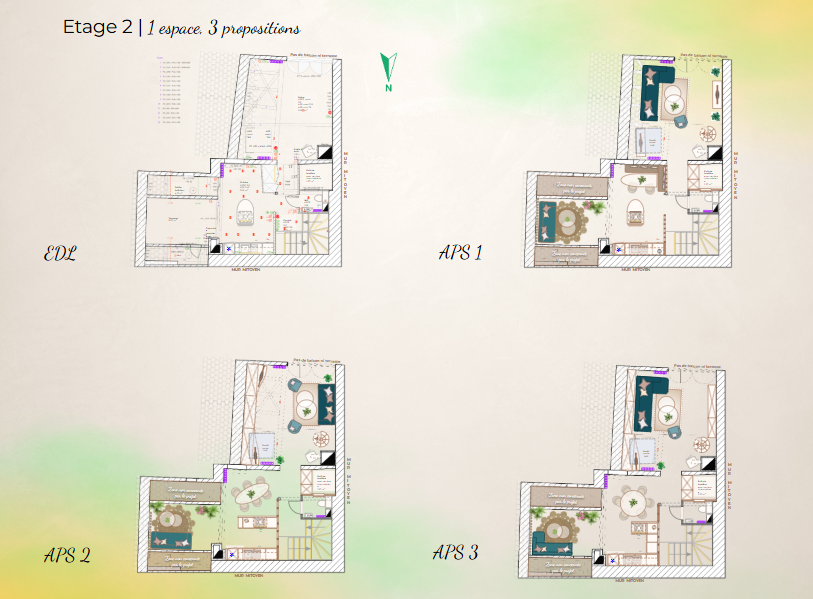 Trois propositions d’aménagement — Premier étage | Projet PHOENIX, Lavaux | KEMARA Design, Vevey Plans des trois propositions d’aménagement du premier étage d’une bâtisse du XVIIIe siècle dans le Lavaux, conçues par KEMARA Design à Vevey, Suisse romande.