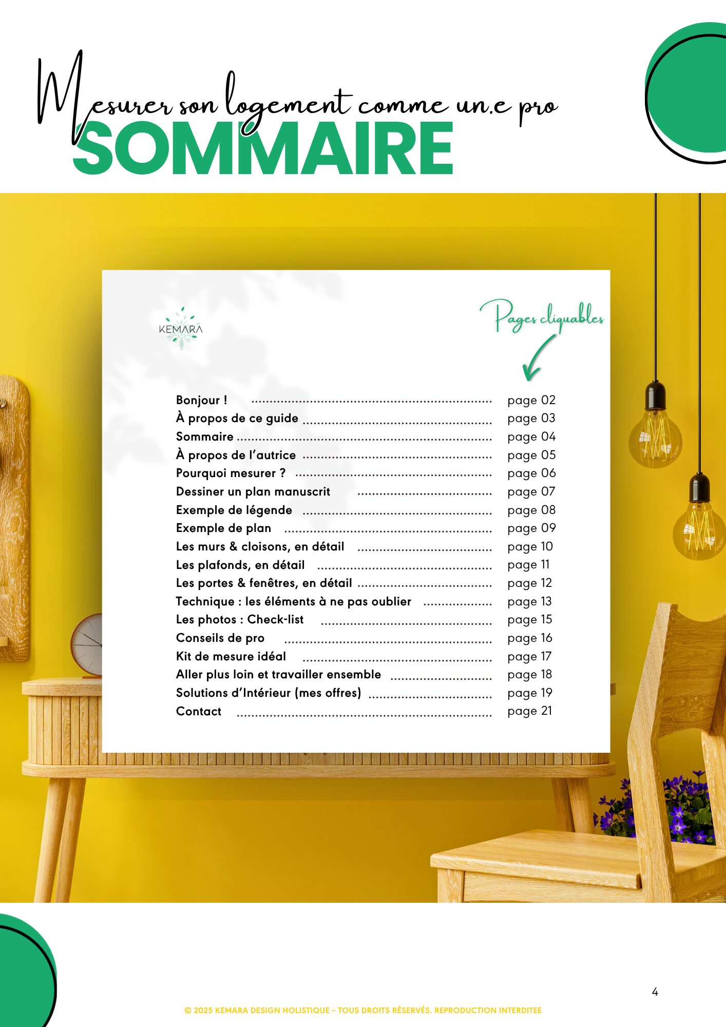Sommaire illustré de l’ebook Mesurer son logement comme un·e pro avec conseils d’architecture d’intérieur et relevé de plan.