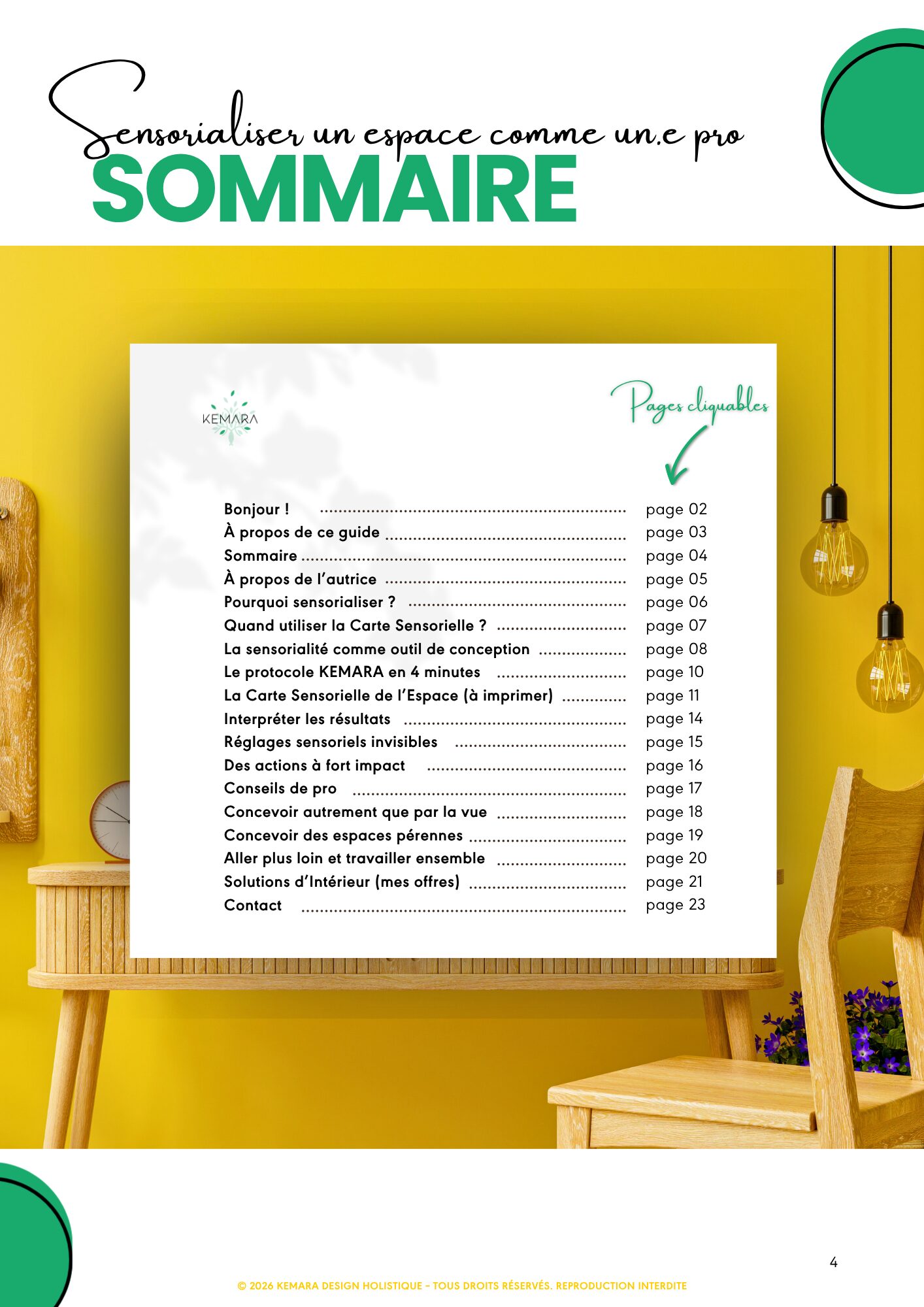 Sommaire illustré de l’ebook « Sensorialiser un espace comme un·e pro » présentant les chapitres liés au design sensoriel, à la Carte Sensorielle KEMARA et à l’architecture intérieure holistique.