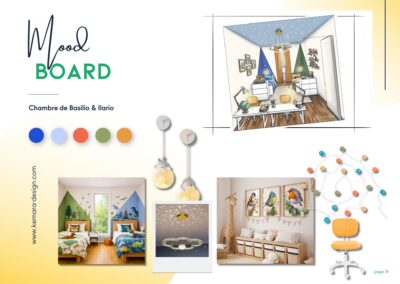 Inspirations et moodbard chambre pour deux garçons de sept ans décoration d'intérieure en Suisse romande - dans un appartement de location à Chexbres. Un projet conçu par Kemara Design Holistique by Céline Champion