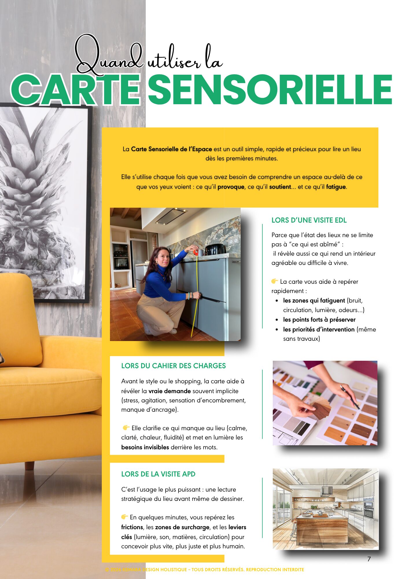 Présentation de la Carte Sensorielle KEMARA permettant d’analyser un intérieur selon les sensations, le confort, la lumière, l’acoustique et les besoins émotionnels des occupants.