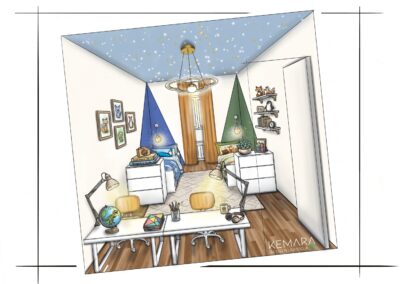 Perspective de la future chambre de jumeaux de 7 ans, dans un appartement de location à Chexbres. Un projet conçu par Kemara Design Holistique by Céline Champion