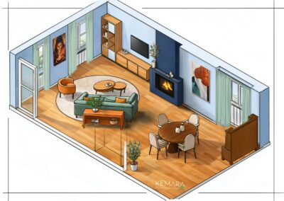 Perspective de l'entrée - salon - salle à manger avec cheminée de jumeaux de 7 ans, dans un appartement de location à Chexbres. Un projet conçu par Kemara Design Holistique by Céline Champion