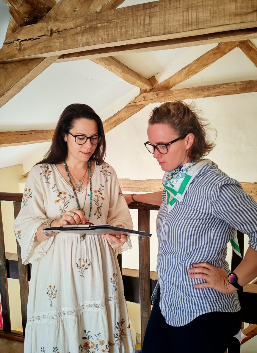 Co-création et écoute sur le terrain – L’esprit Kemara Design Holistique Deux femmes discutent d’un projet architectural dans un intérieur en bois, carnet ou tablette à la main, dans une atmosphère conviviale.