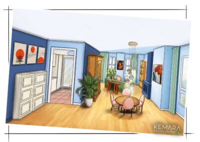 Perspective de l'entrée - salon - salle à manger avec cheminée de jumeaux de 7 ans, dans un appartement de location à Chexbres. Un projet conçu par Kemara Design Holistique by Céline Champion