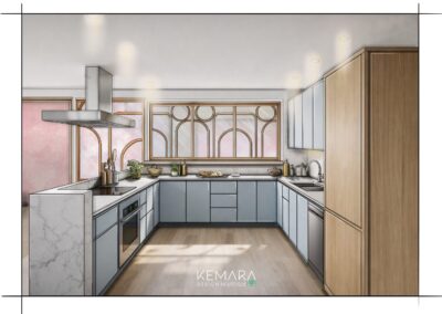 Avant-projet détaillé pour cette belle maison ancienne nichée au coeur du vignoble du Lavaux. Par KEMARA Design Holistique by Céline Champion - Perspective projet Phoenix - Cuisine