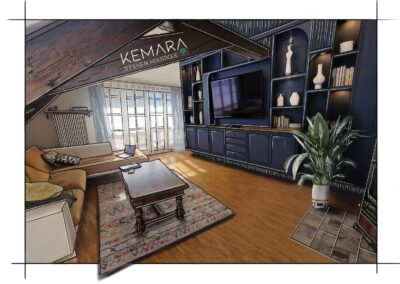 Avant-projet détaillé pour cette belle maison ancienne nichée au coeur du vignoble du Lavaux. Par KEMARA Design Holistique by Céline Champion - Perspective projet Phoenix - Salon