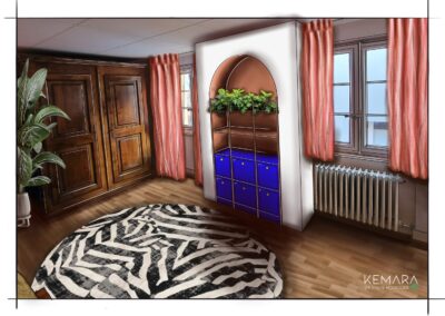 Avant-projet détaillé pour cette belle maison ancienne nichée au coeur du vignoble du Lavaux. Par KEMARA Design Holistique by Céline Champion - Perspective projet Phoenix - Chambre parentale